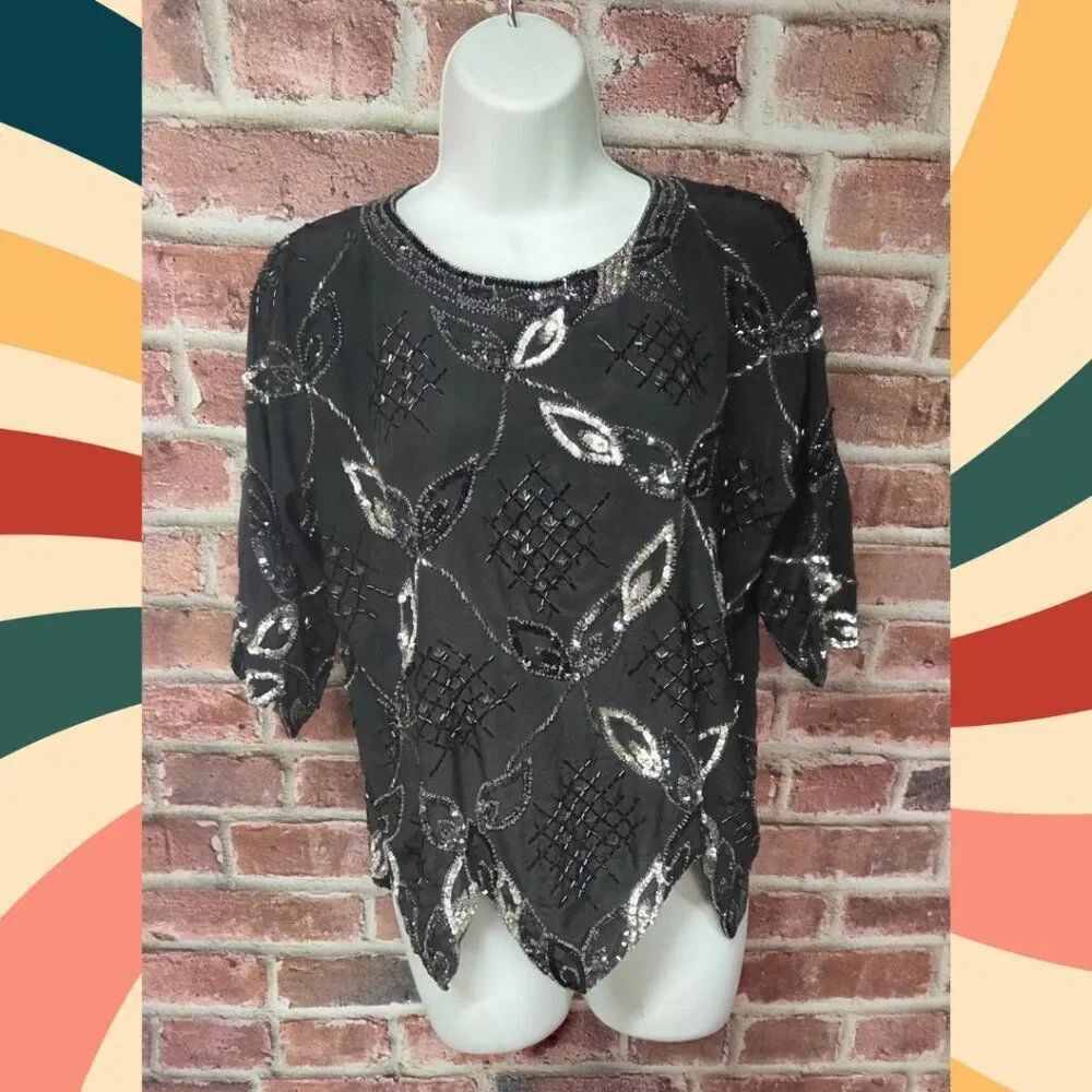 Argenti Silk Beaded Top S | Vintage Black Sequin Scallop‎ Hem Party Eveningwear